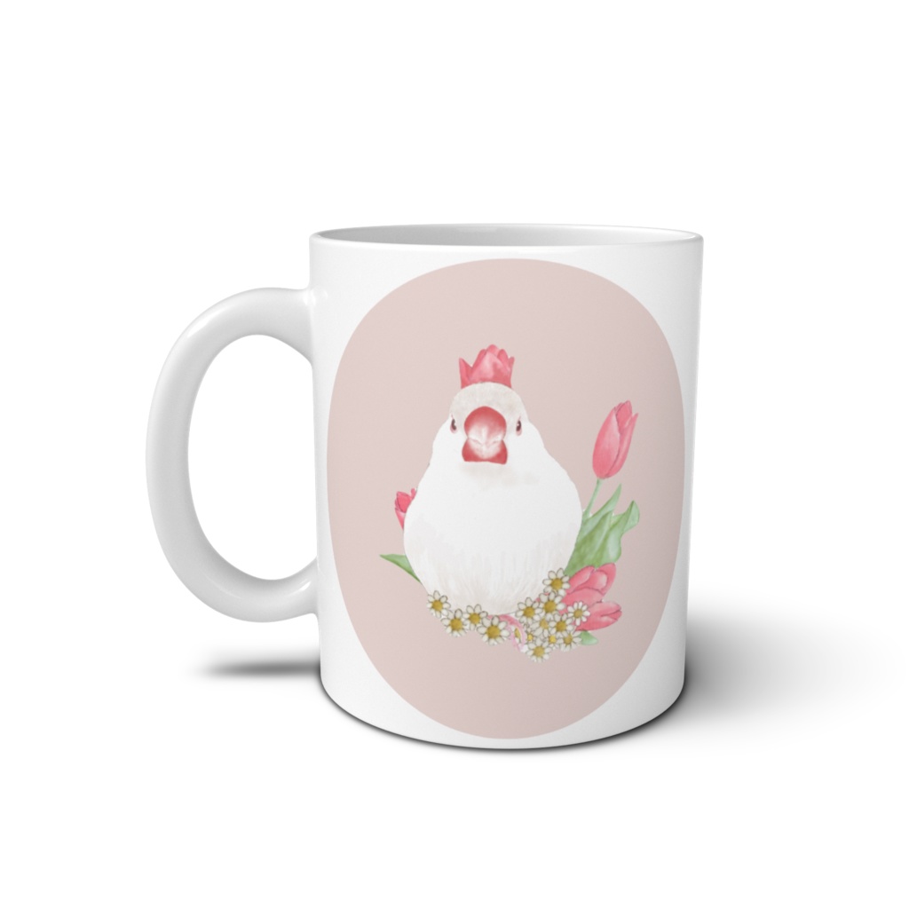 3羽の文鳥さんとお花のマグカップ