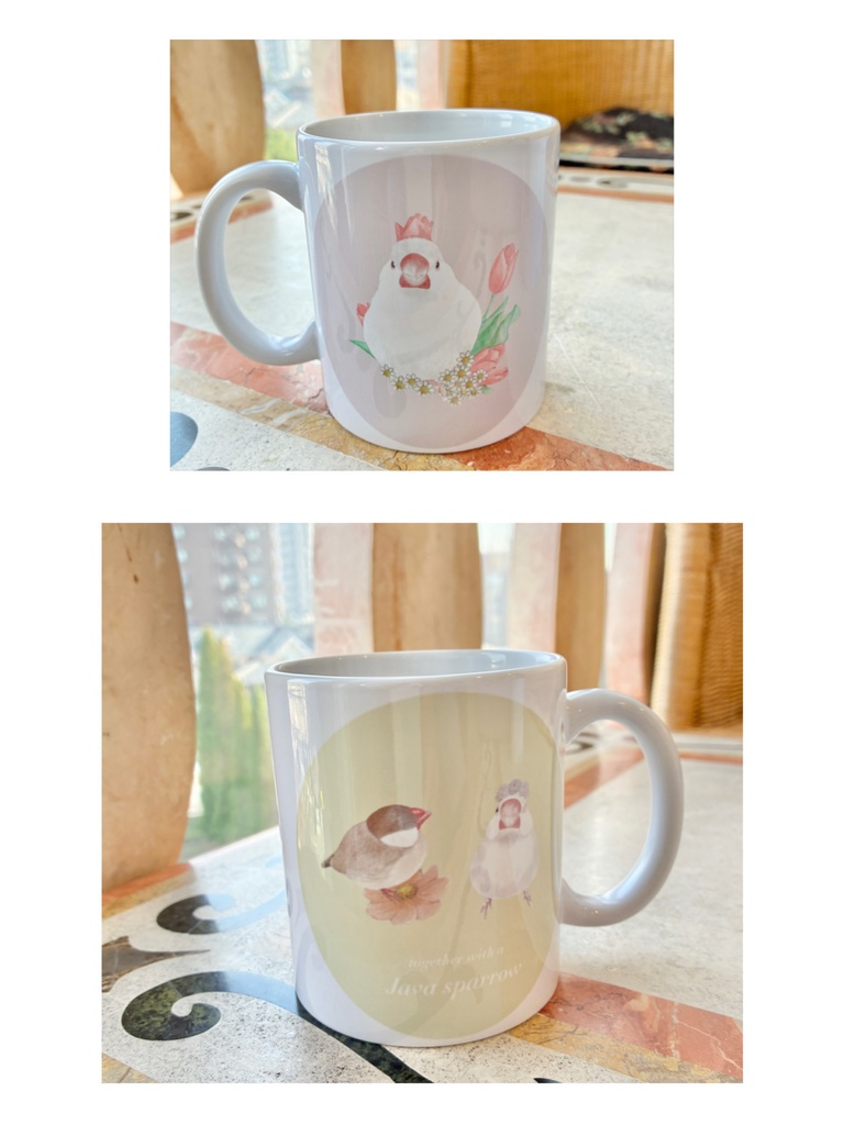 3羽の文鳥さんとお花のマグカップ