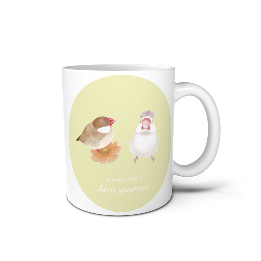 ３羽の文鳥さんとお花のマグカップ