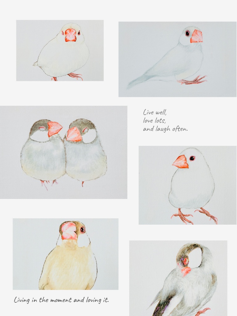 7羽の文鳥さんが並んだトートバッグ