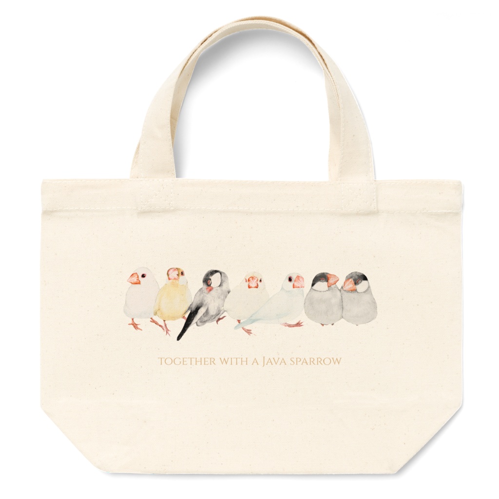 7羽の文鳥さんが並んだトートバッグ