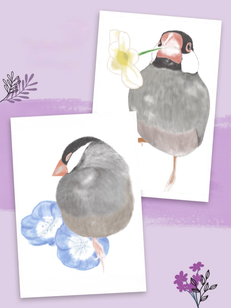 3羽の桜文鳥さんとお花のマグカップ