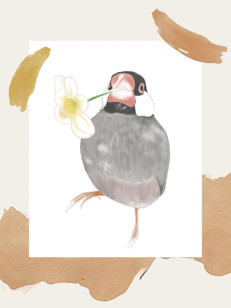 3羽の桜文鳥さんとお花のマグカップ