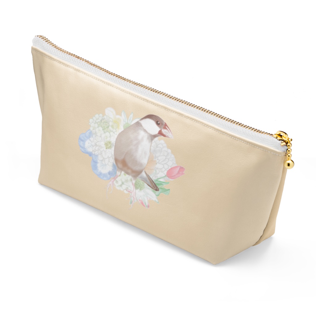 シナモン文鳥さんとお花のポーチ