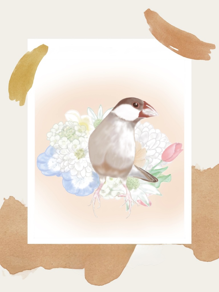 シナモン文鳥さんとお花のポーチ