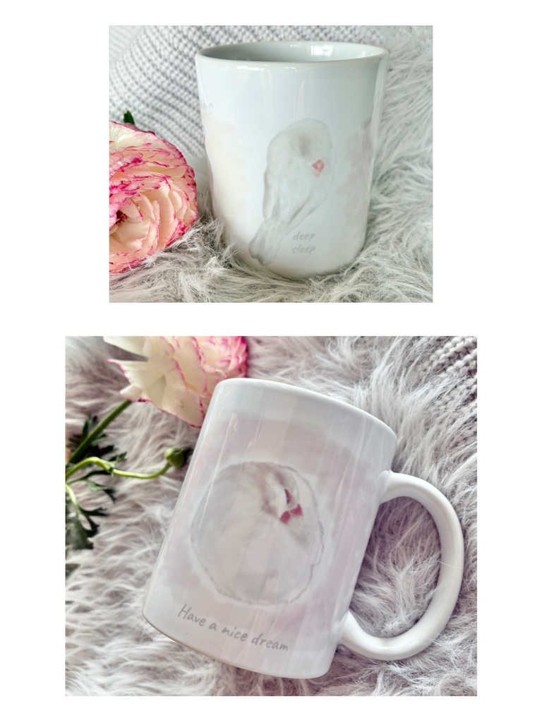 いい夢を見ていそうな文鳥さんたちのマグカップ