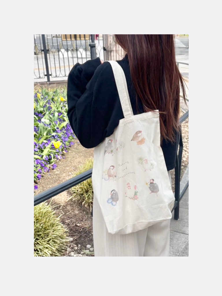 🌸8羽の文鳥さんとお花のエコバッグ