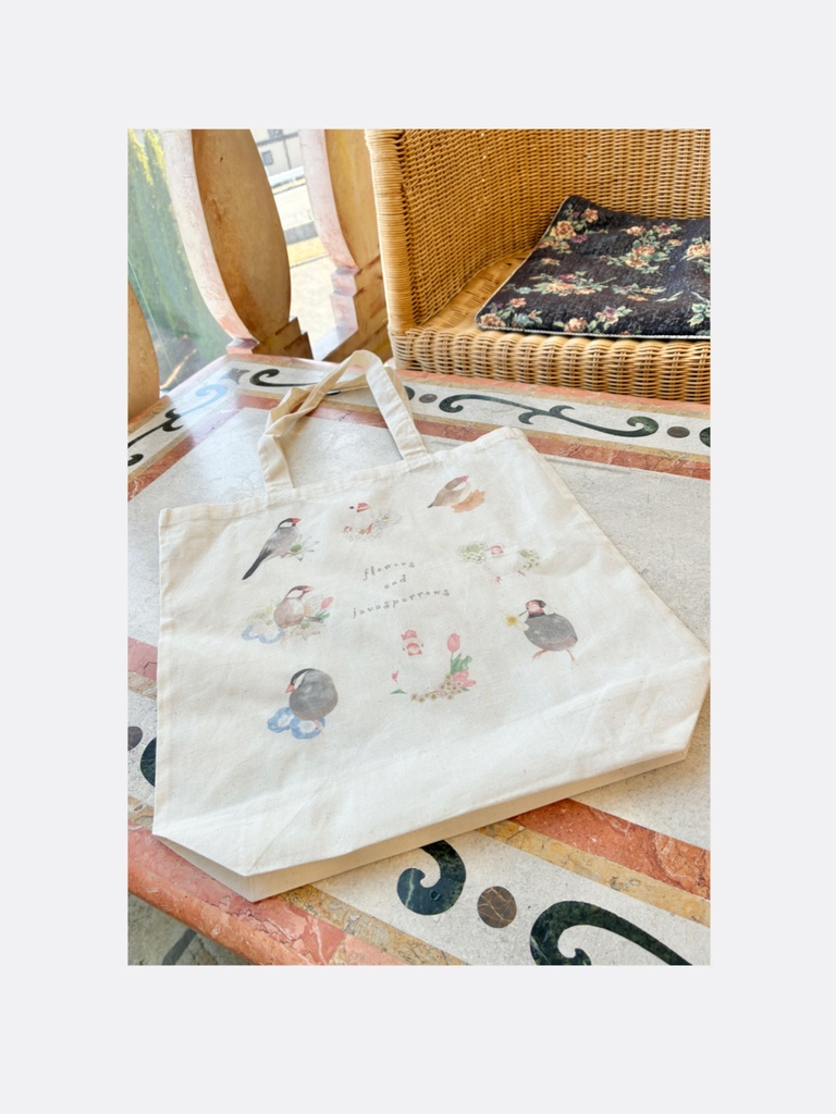 🌸8羽の文鳥さんとお花のエコバッグ