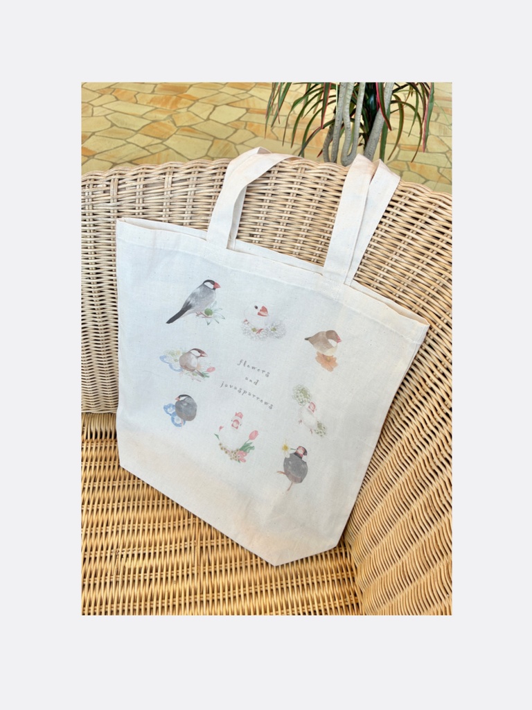 🌸8羽の文鳥さんとお花のエコバッグ