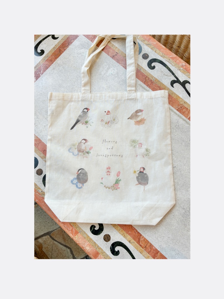 🌸8羽の文鳥さんとお花のエコバッグ