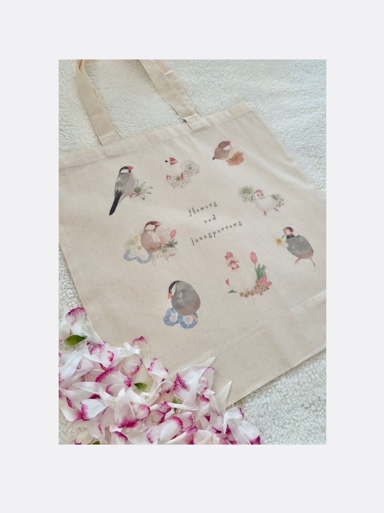 🌸8羽の文鳥さんとお花のエコバッグ