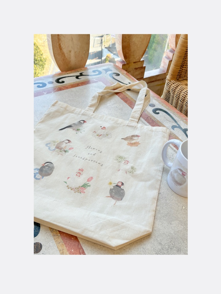 🌸8羽の文鳥さんとお花のエコバッグ
