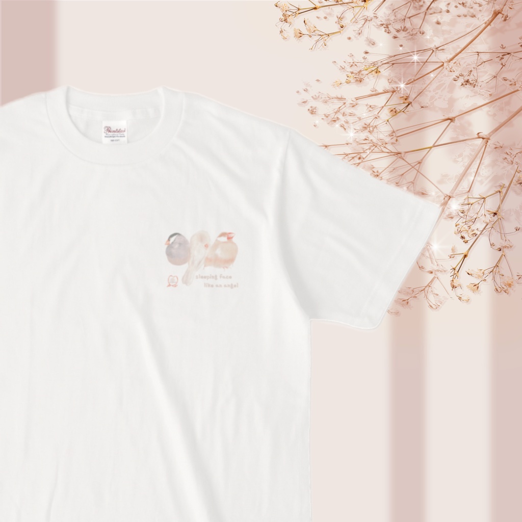 3羽の文鳥さんの居眠りTシャツ(左胸にイラスト)
