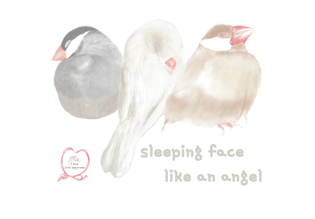 3羽の文鳥さんの居眠りTシャツ(左胸にイラスト)