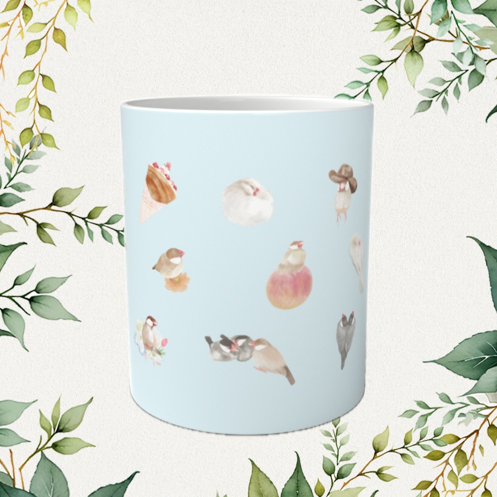 文鳥さんがいっぱい!文鳥好きさんのためのマグカップ【薄水色】
