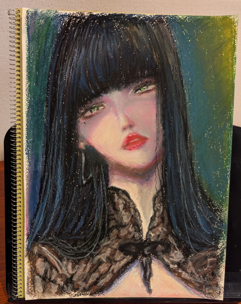 パステル画　手描きイラスト「憂う黒髪ロングの女」