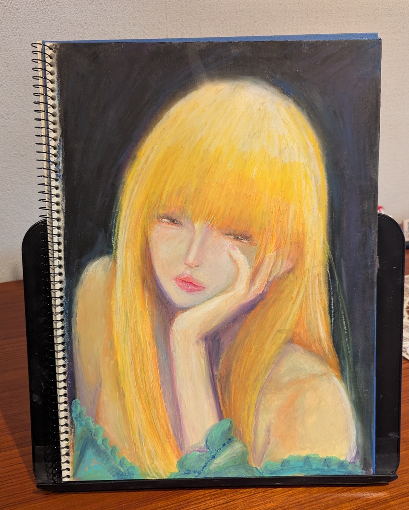 パステル画　手描きイラスト「頬杖をつく金髪の女」