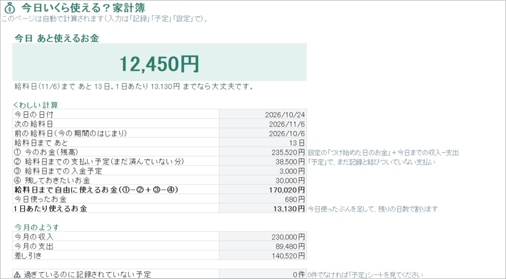 今日いくら使える?家計簿【スプレッドシート版】給料日まで1日いくら使えるか自動計算(Excel・Googleスプレッドシート)
