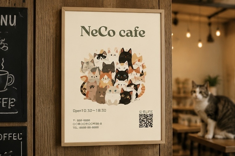 猫カフェ・ペットショップ向け ポスターテンプレート|Canva編集可能 ナチュラル かわいい