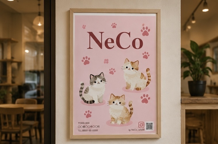 猫カフェ・ペットショップ向け ポスターテンプレート|Canva編集可能 ピンク かわいい 肉球