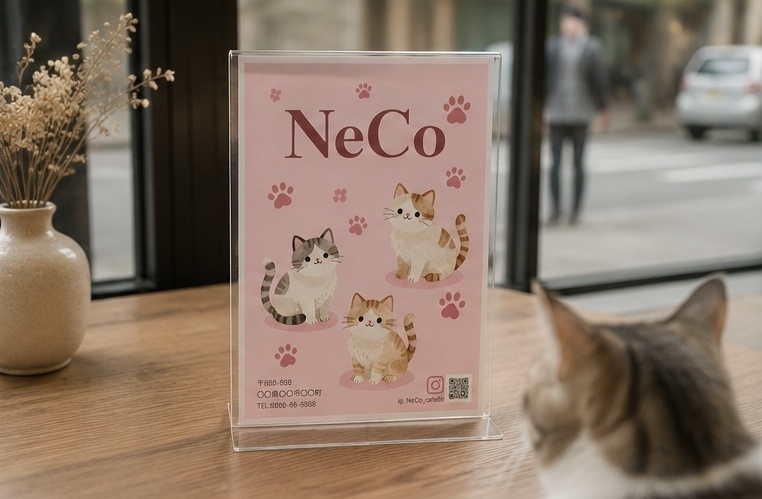 猫カフェ・ペットショップ向け ポスターテンプレート|Canva編集可能 ピンク かわいい 肉球