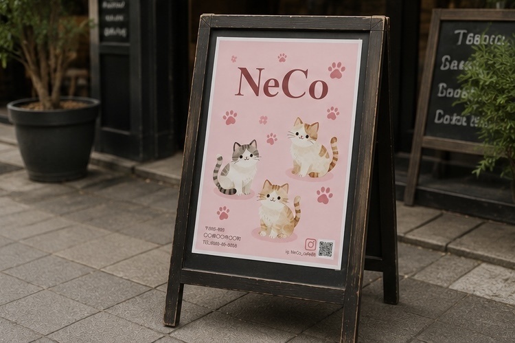 猫カフェ・ペットショップ向け ポスターテンプレート|Canva編集可能 ピンク かわいい 肉球