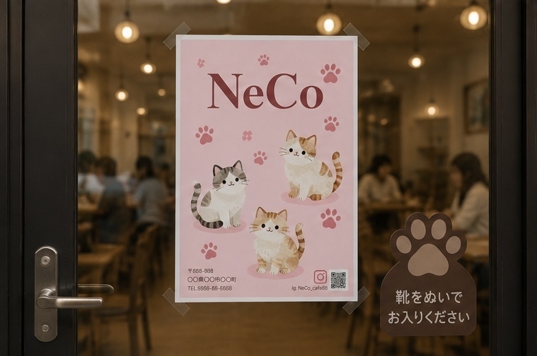 猫カフェ・ペットショップ向け ポスターテンプレート|Canva編集可能 ピンク かわいい 肉球