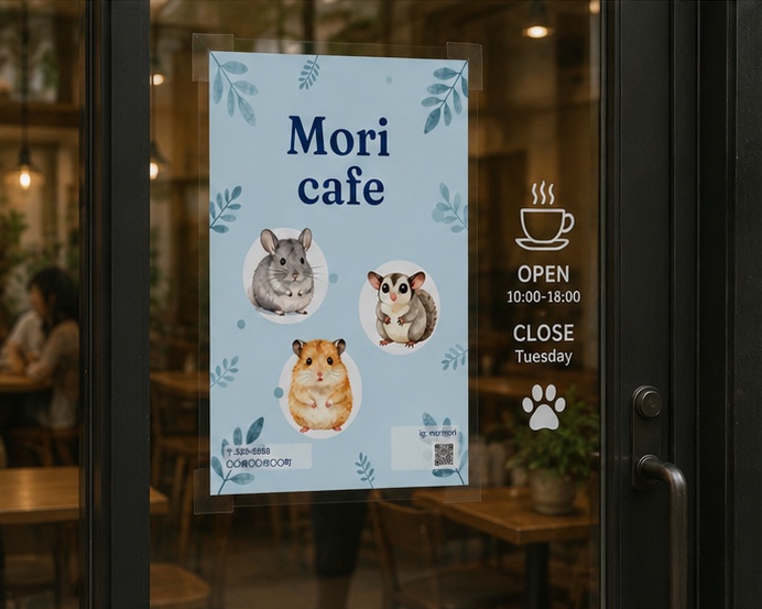 小動物カフェ・ペットショップ向け ポスターテンプレート|Canva編集可能 ハムスター チンチラ ナチュラル かわいい