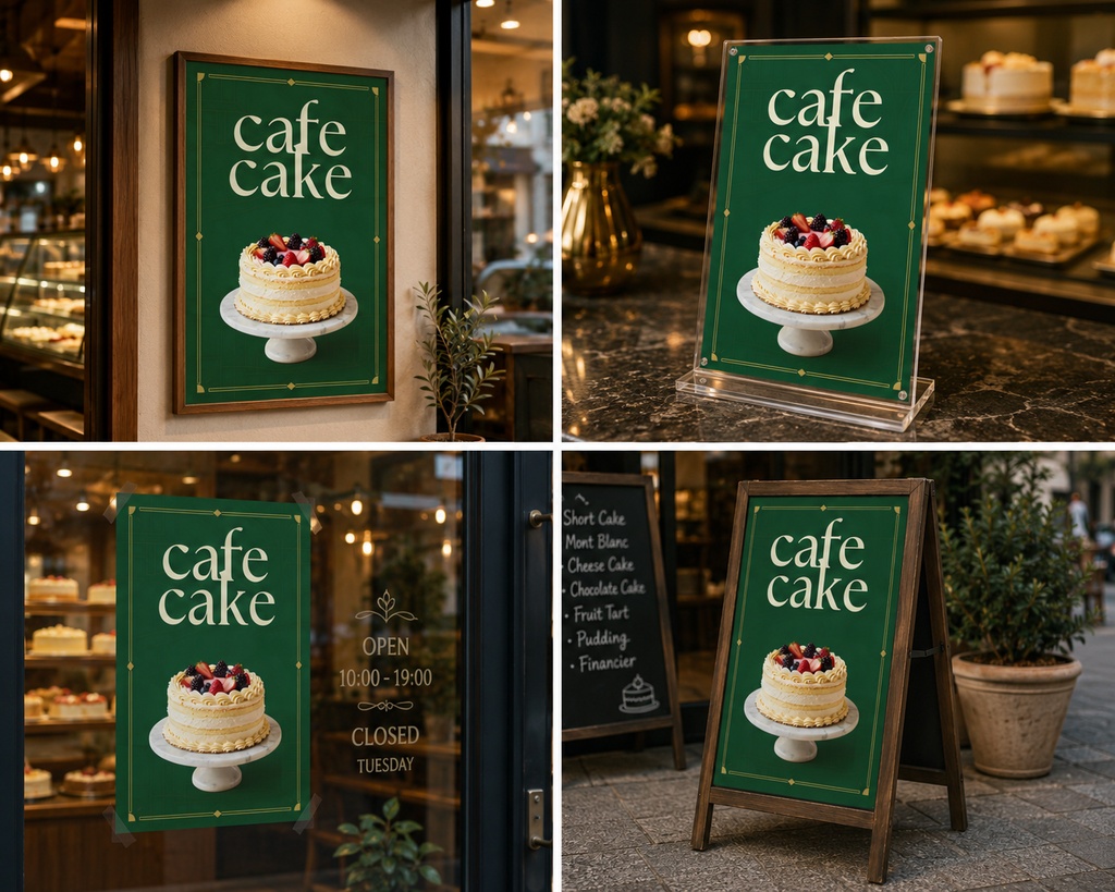 深緑×ゴールドが上品|ケーキ屋・カフェ向けポスター Canva