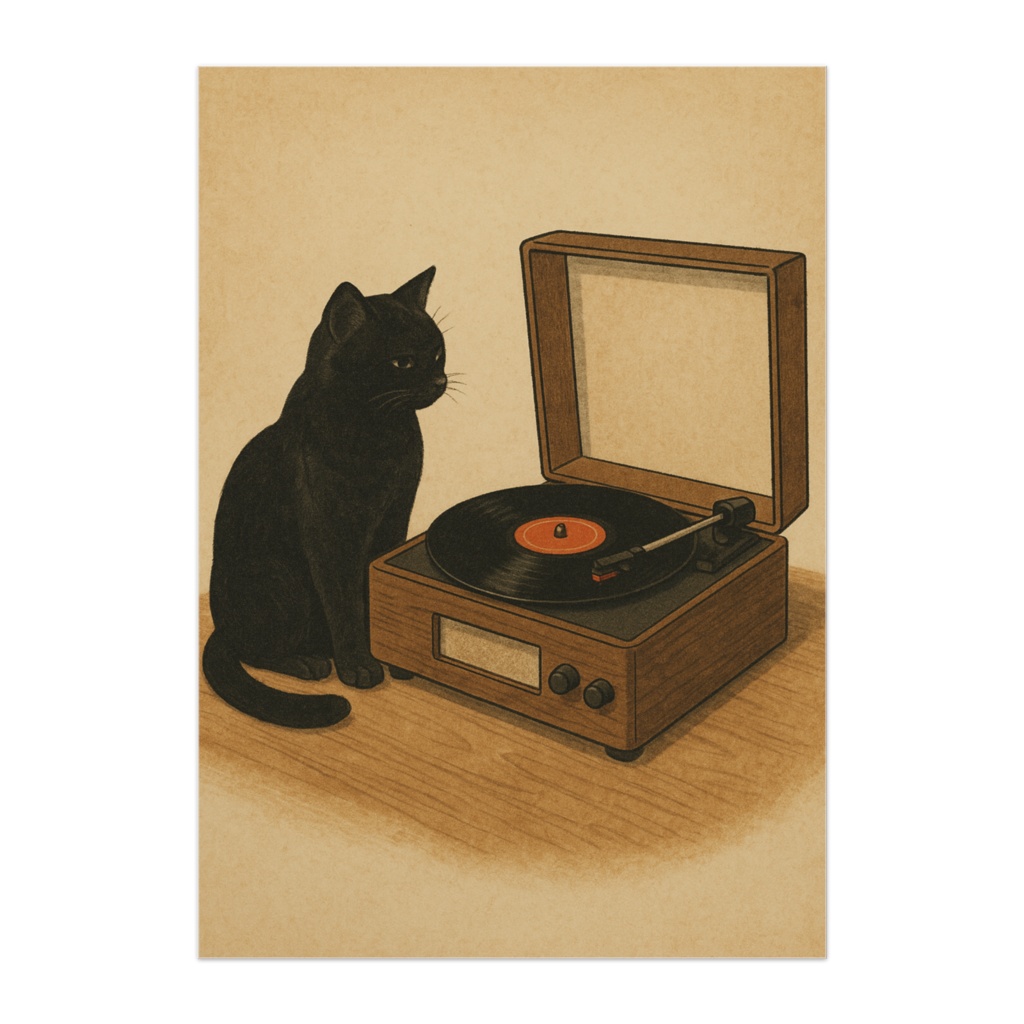 猫とレコードプレーヤー 癒しのアートポスター