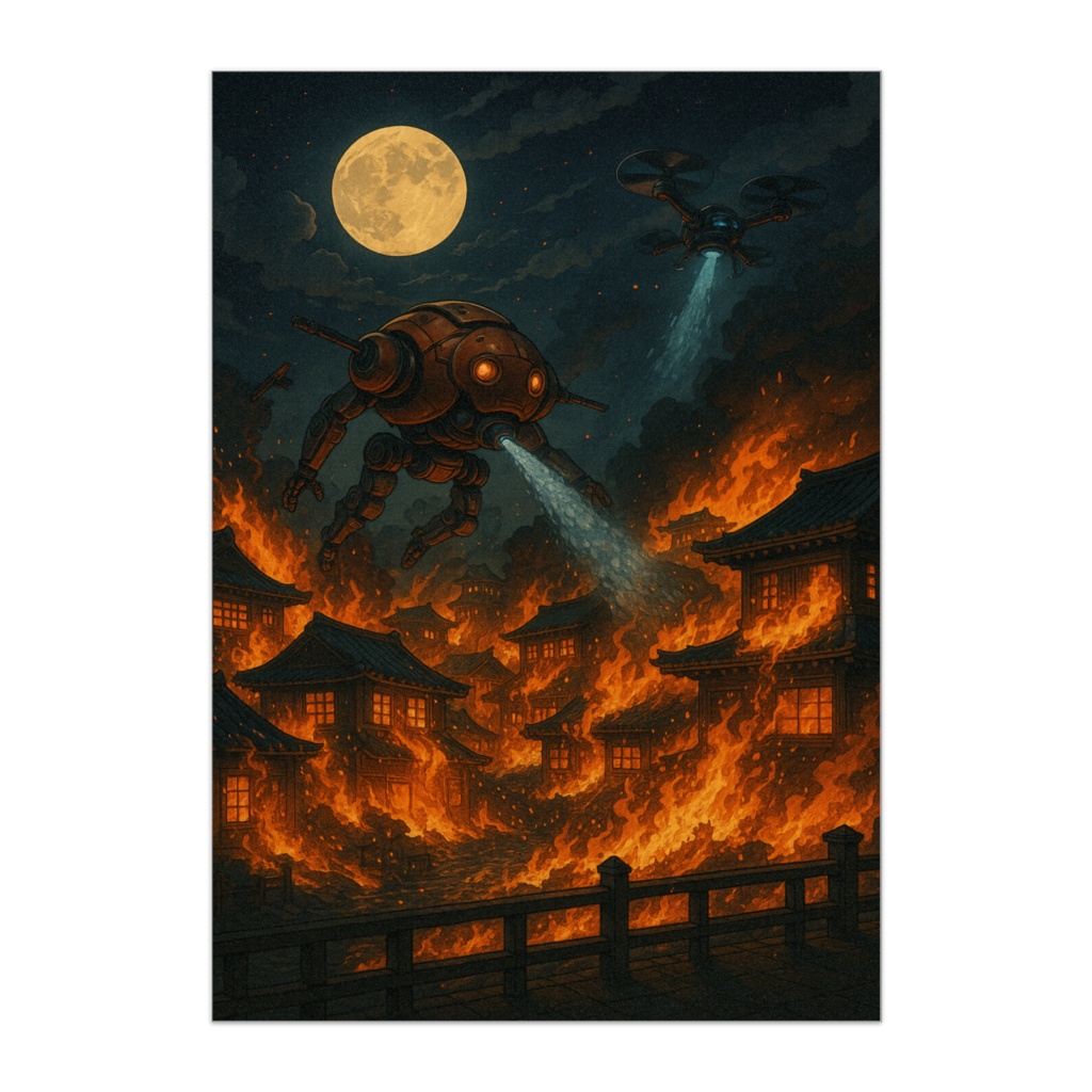 未来浮世絵・月夜町火事図 ネオ災害絵巻ポスター