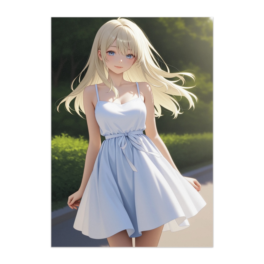 夏風に揺れる白ワンピース イラスト美女ポスター