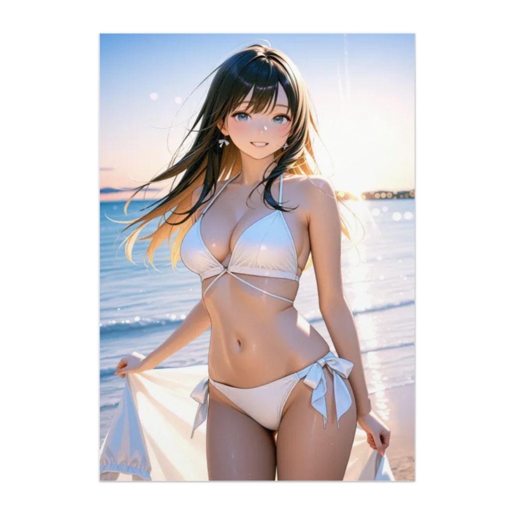 白い砂浜と純白ビキニの微笑み　美少女ポスター