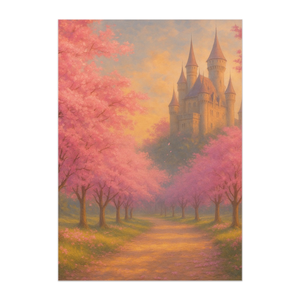桜の並木道とお城のある風景 カラフルポスター
