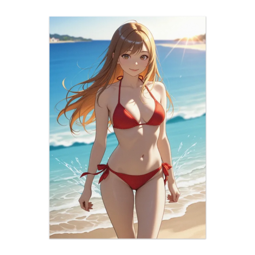 金髪美少女の赤ビキニ×夏ビーチイラスト