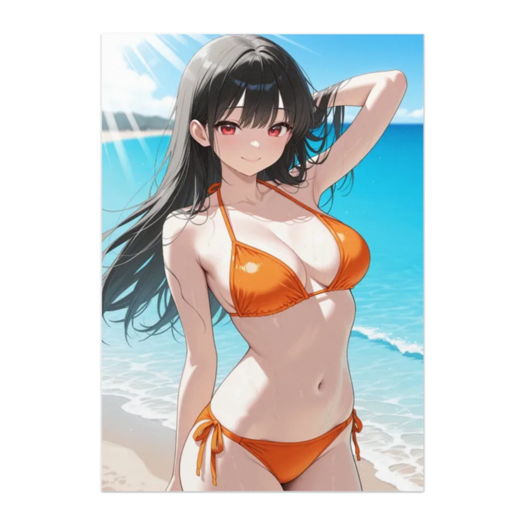 オレンジビキニの元気系美少女ビーチイラスト