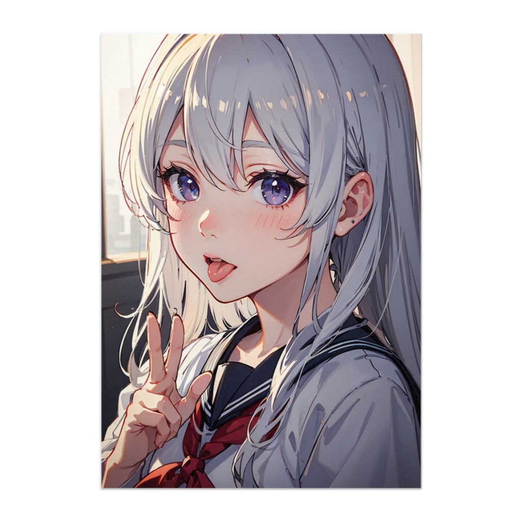 銀髪×ピースサイン|舌ぺろポーズの可愛いアニメ美少女ポスター