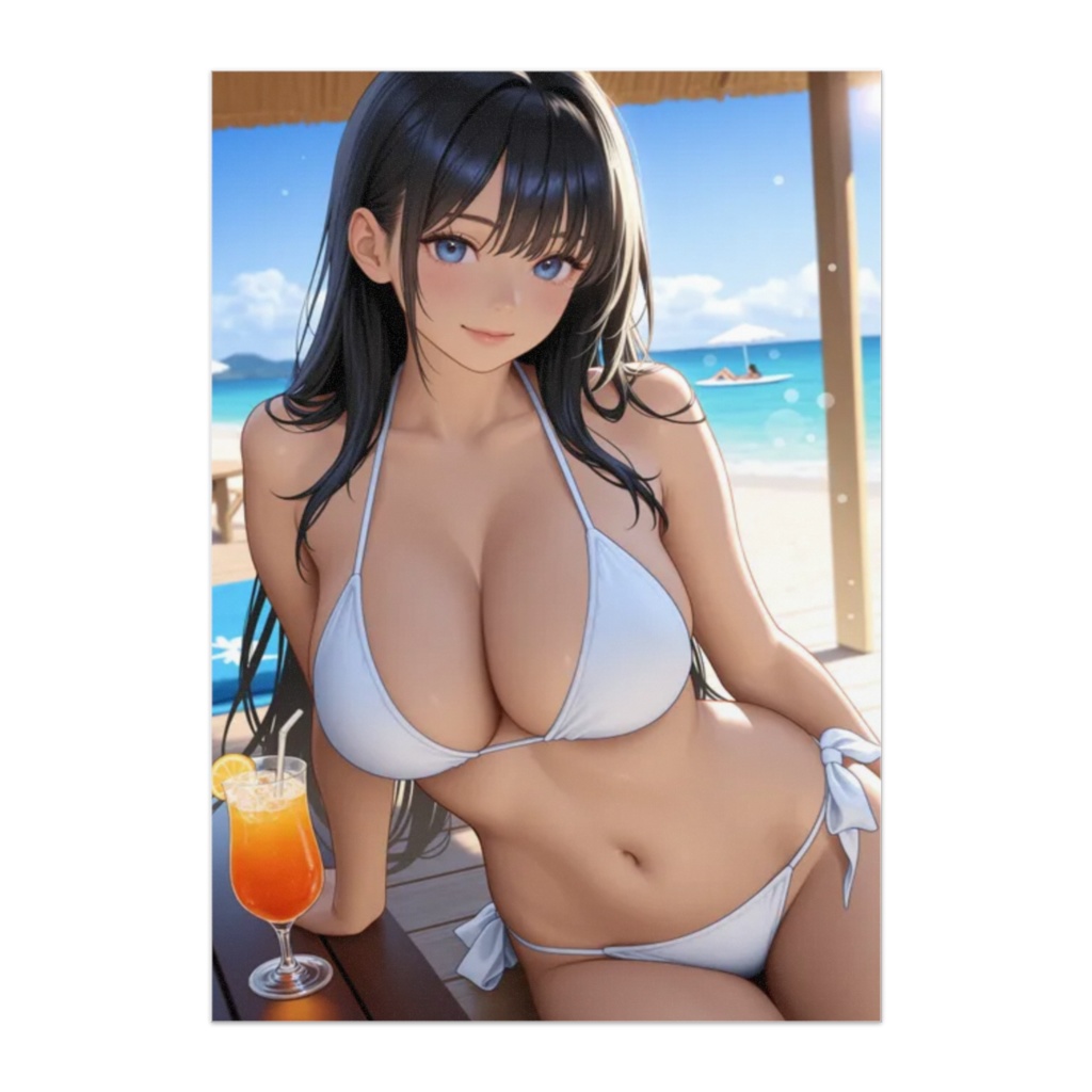 ビーチの白ビキニ美少女とオレンジカクテル