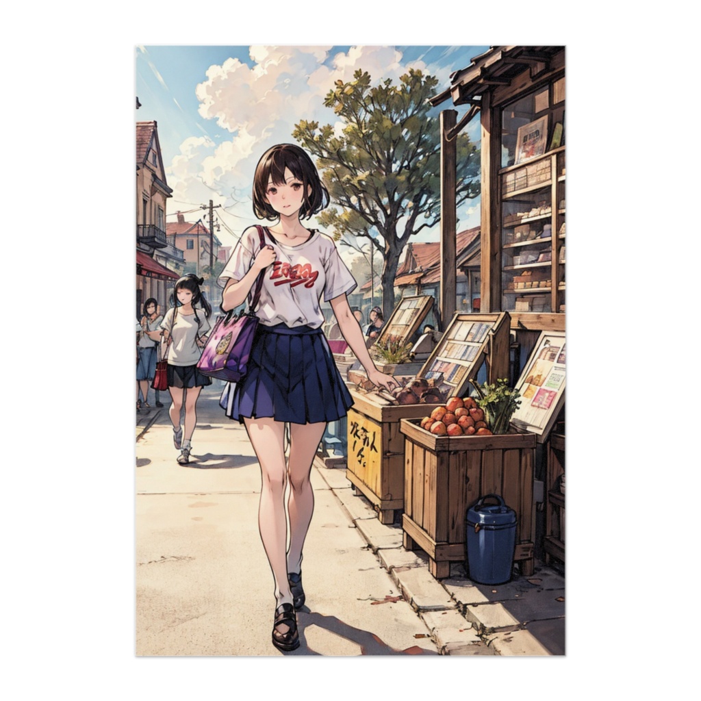 夏の通学路と果物屋の少女
