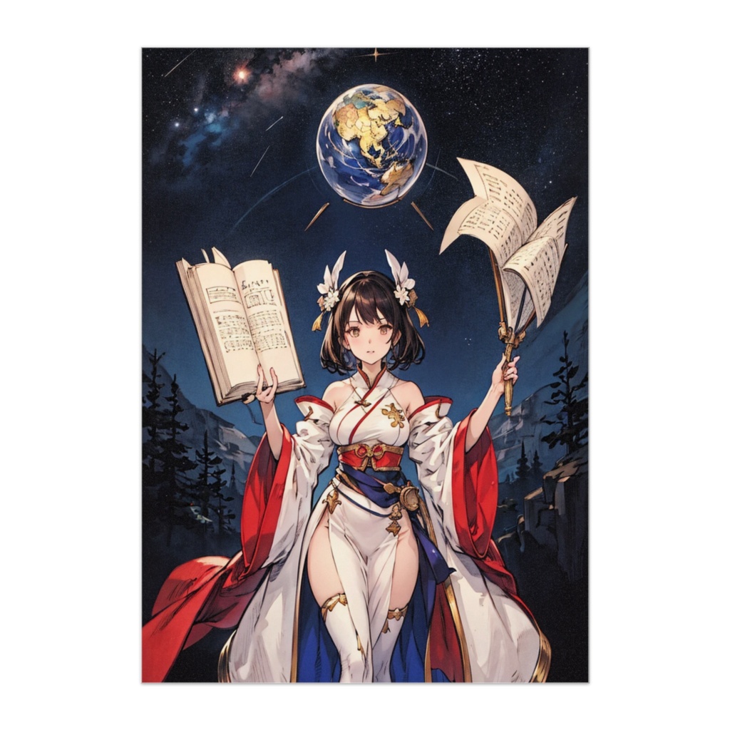 星と魔導の書を掲げる巫女