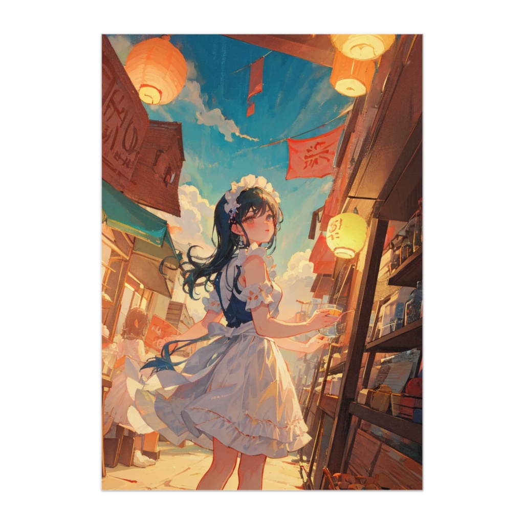 夏空の下のレトロ商店街と少女