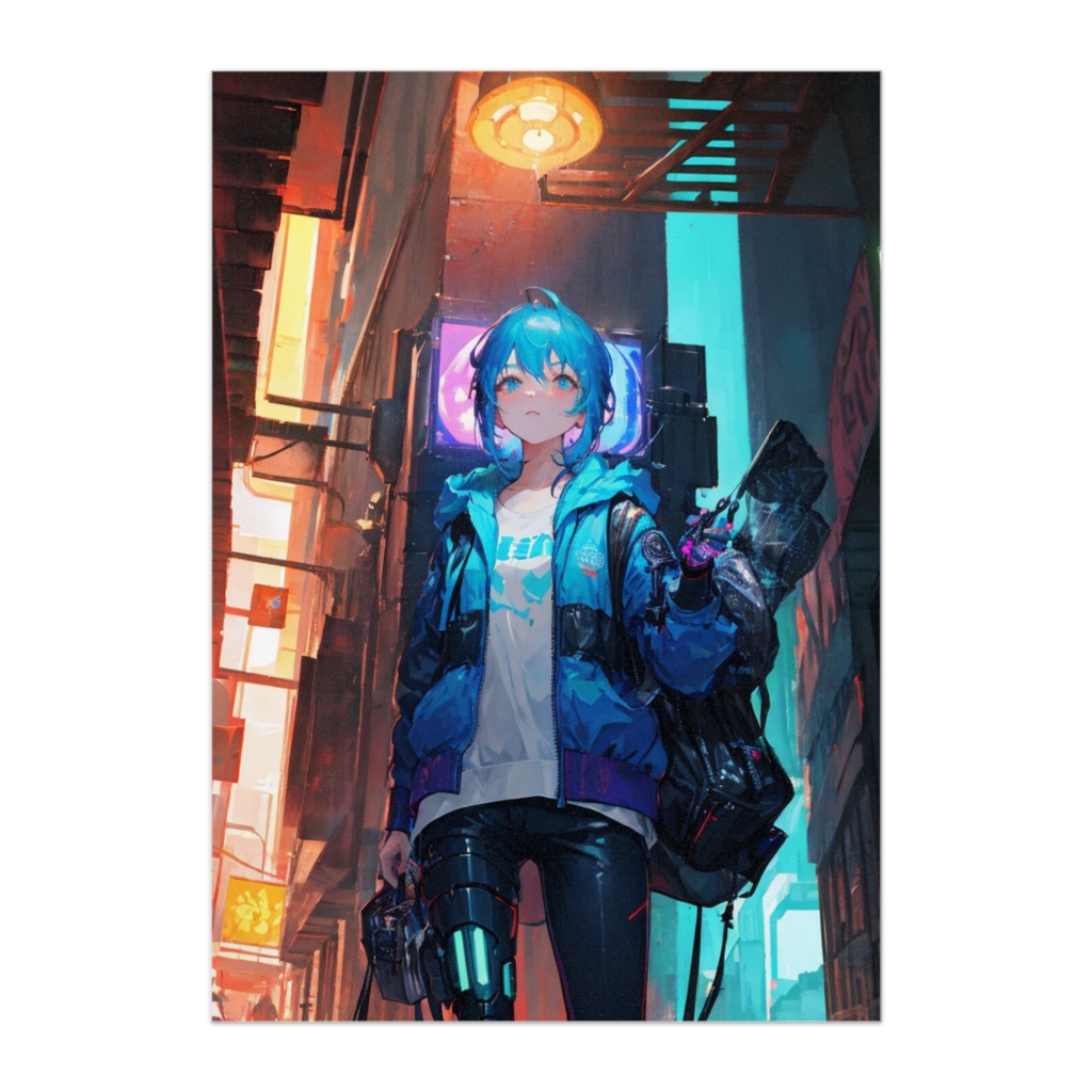 ネオンの街と青髪のサイバー少女