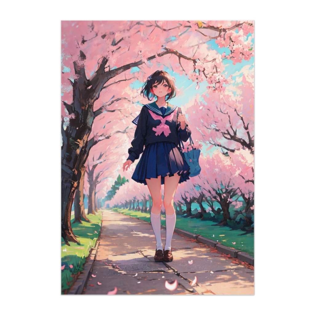 桜並木を歩くセーラー服の少女