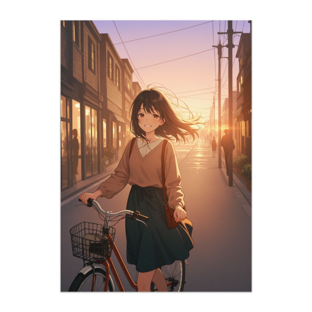 夕暮れの街角と微笑む少女
