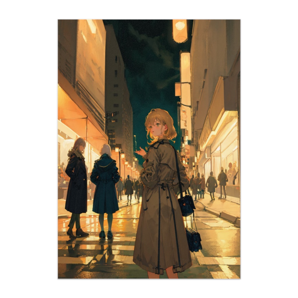 雨上がりの夜街と振り返る少女