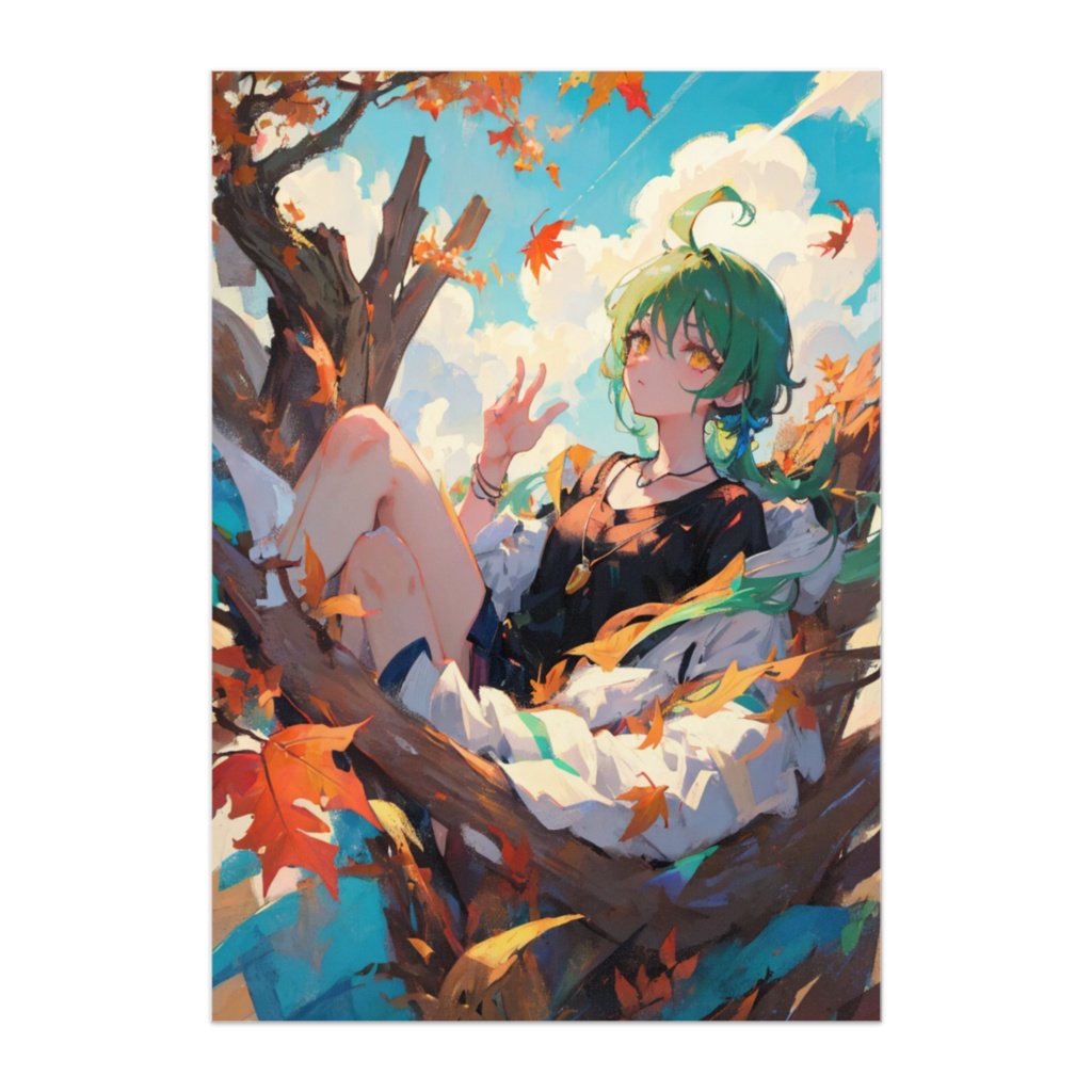 秋空の木上で微睡む少女