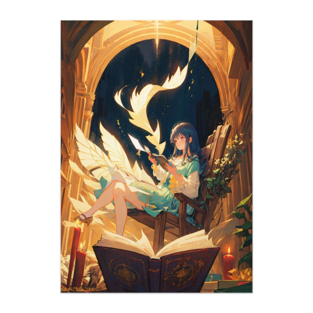 魔法の羽根と読書する少女