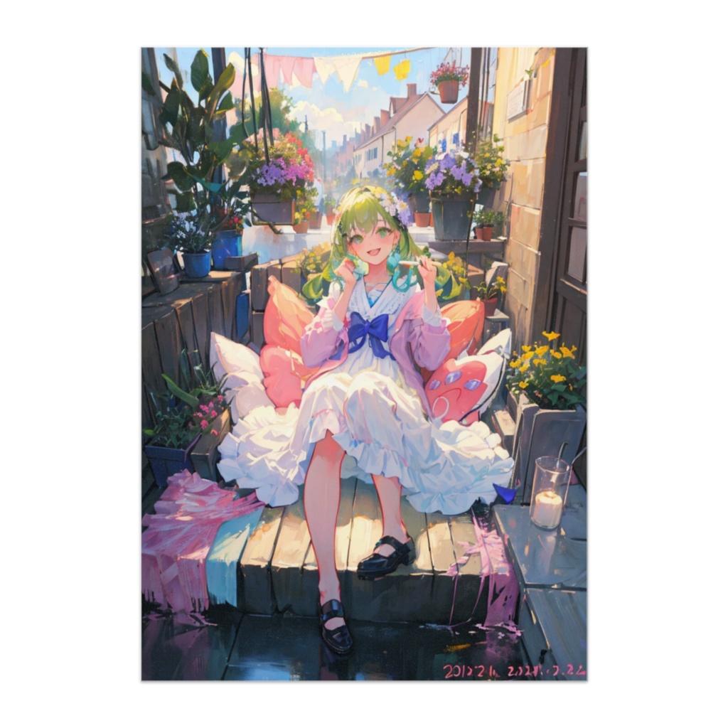 花咲くバルコニーと微笑む少女