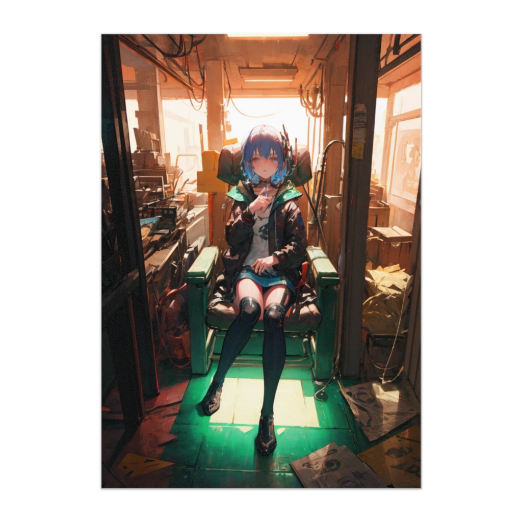 サイバーパンクの椅子に座る少女