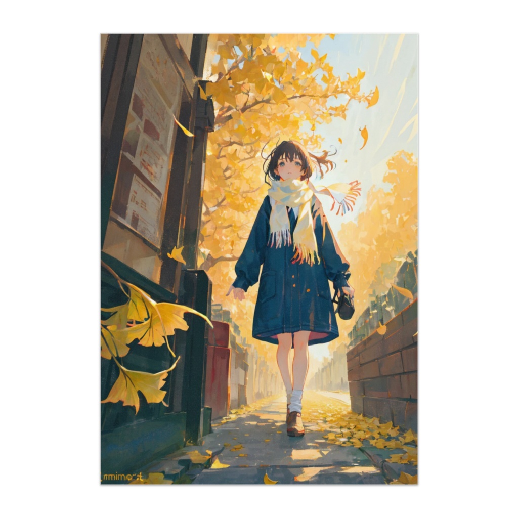 銀杏並木を歩くマフラーの少女